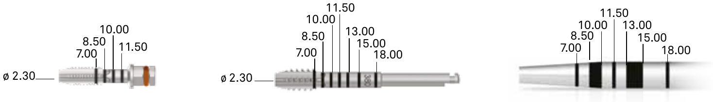 Laser-etched working-depth notches on bone taps and osteotomes at 7.00 to 18.00 mm